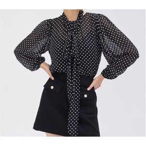 J. Crew Puff Sleeve Neck Tie Top in Lightweight Chiffon Polka Dot BV838